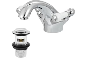 HEXMIXER Victoria Bathroom Sink Tap for Basin with Pop Up Sink Plug Dual Handle Chrome Brass Swan Neck Bathroom Tap Mixer Traditional Basin Mixer Tap 032ANCR