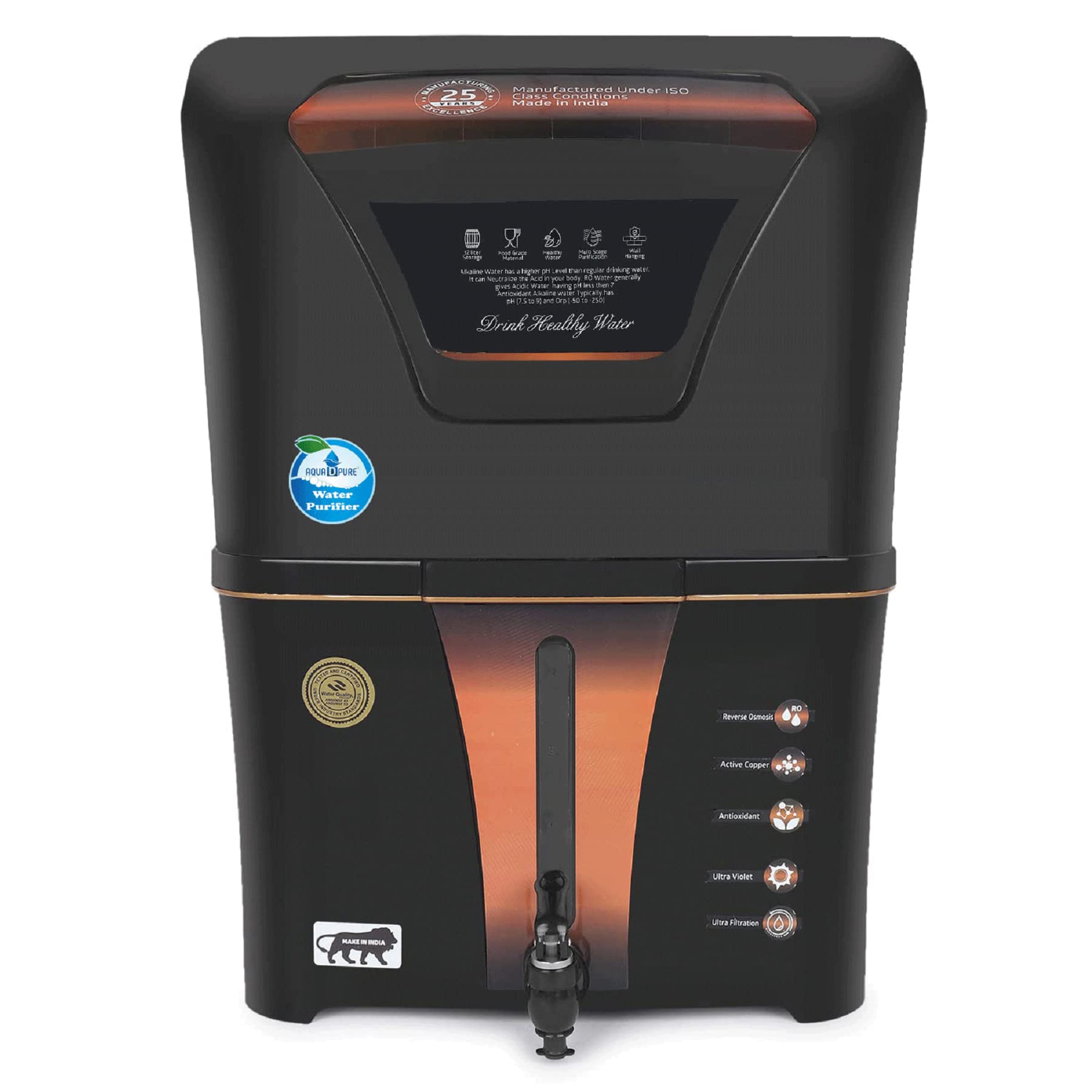 AQUA D PURE Copper + Mineral RO+UV+UF 10 to 12 Liter RO + UV + TDS ADJUSTER Water Purifier with Copper Charge Technology blac