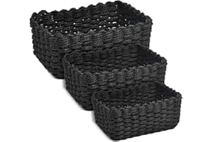 DODUOS 3 PCS Paniers de rangement polyvalents Paniers de rangement en corde de papier Boîte de rangement de recyclage pour cuisine, salle de bain (Noir, 3 tailles)