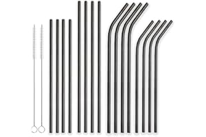 Berglander Acero Inoxidable Recubierto de Titanio Reutilizable Beber pajitas Negras Pajitas de Metal Rectas y dobladas con cepillos para Batidos, Bebidas congeladas, Batidos,Juego de 18