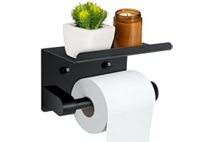 TAOPE Uchwyt na papier toaletowy z półką na telefon, samoprzylepny uchwyt na papier toaletowy, uchwyt na papier toaletowy ze stali nierdzewnej, uchwyt na rolkę papieru toaletowego z półką, czarny