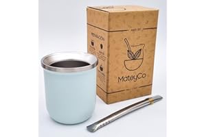 MATEYCO Mate Argentino 178 ml-Kit mate argentino doble pared de acero inoxidable- Set mate argentina (Celeste)