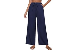 Xnova Pantalones Mujer Verano Frescos Sueltos Pantalon Lino Largos Ligeros Anchos Casuales Elasticos Pantalon de Pierna Ancha Holgados con Cordón y Bolsillos