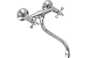 gospo Küchenarmatur, Spültischarmatur für Wandmontage, Retro Mischbatterie mit Montageset und Dichtungen, Klassische Wandarmatur, Waschtischarmatur mit langer Ausführung (Chrome)