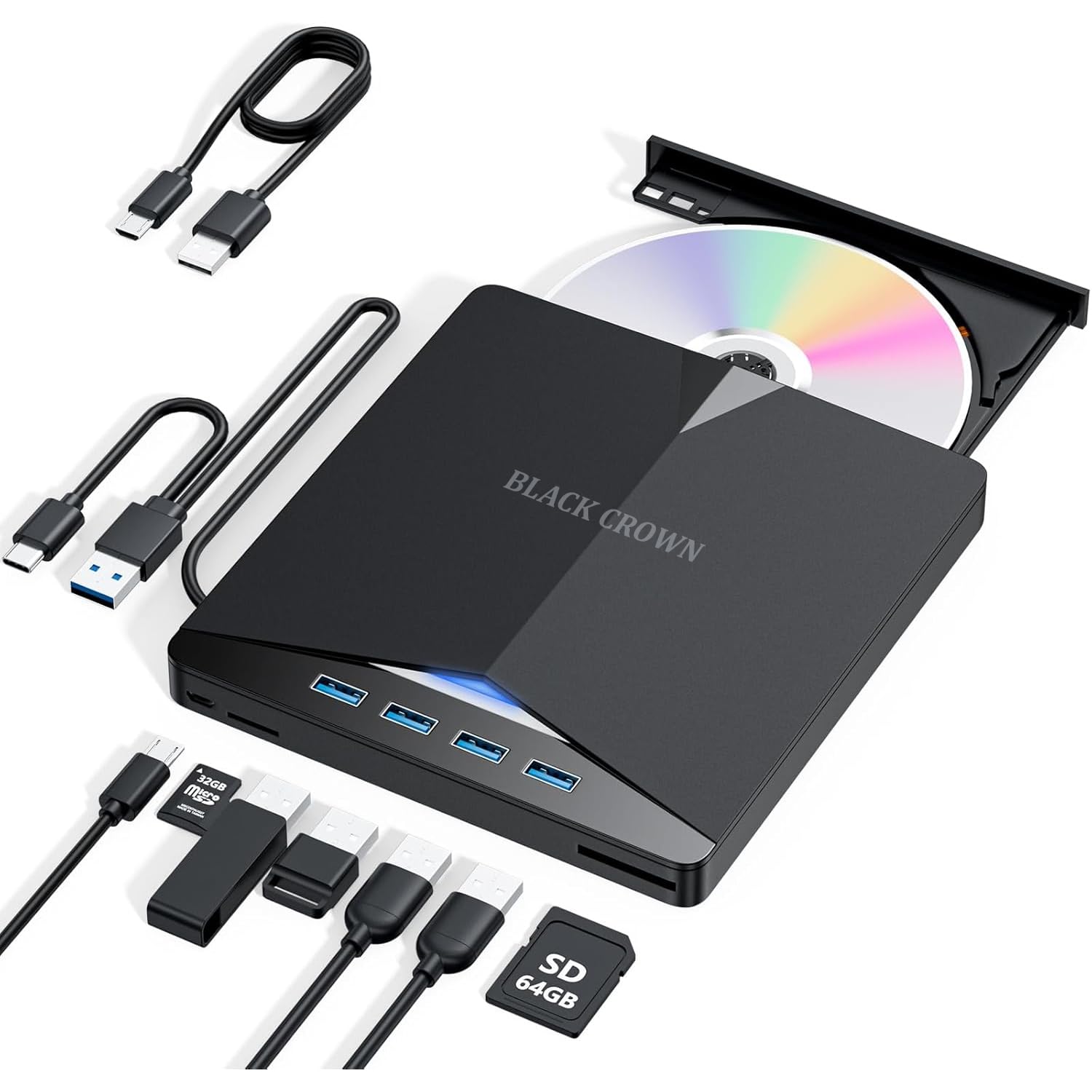 BLACK CROWN 7 in 1 External DVD Drive - USB 3.0 Type-C Player and Burner, Slim 3D CD DVD Writer for Laptop PC Desktop Windows XP/7/8/10.