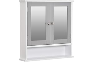 kleankin Mirror Cabinet Wall Mounted with Double Mirrored Doors, Hanging Cabinet with Cupboard and Shelf, Bathroom Wall Storage Organizer, Grey