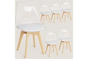 FRUOGO Set di 6 sedie da sala da pranzo con schienale trasparente e gambe in legno massello in faggio, sedie da cucina imbottite, con comodo cuscino bianco per sala da pranzo, cucina, soggiorno,