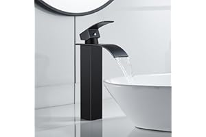 ROVOGO Waterfall High Rise Black Basin Mixer Taps, Square Monobloc Basin Tap, Single Handle Bathroom Sink Mixer Tap