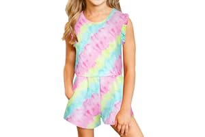 Kimoda Girls Jumpsuits Rompers Ruffle Sleeve Romper Shorts with Pockets Summer One Piece Playsuit Outfits for Girl 6-13 Years