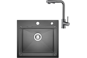 CECIPA Fregadero de 50 x 45 cm, color antracita con grifo de cocina, extensible, para encimeras a partir de 50 cm, color antracita, incluye sifón y sobre