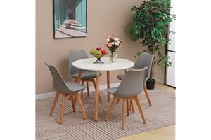 YULU Round Dining Table and Chairs Set 4, Mid Century Modern PU Padded Seat Lounge Chairs and 90cm White Kitchen Table with Solid Wood Legs (Grey)