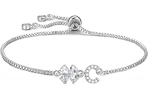 SAMINO Bracciale Lettera Iniziale per le Donne Ragazze, Bracciale Ciondolo Erba a Quattro Foglie Gioielli Regolabile per Mamma Figlia Sorella Amici Fortunato Quadrifoglio Regali