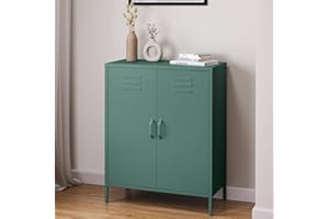 skølm Atria Metall Kommode – Sideboard in Dunkelgrün – Metallschrank mit 3 Fächern & Doppeltüren – Mehrzweckschrank mit flexiblen Einlegeböden – Industrial Highboard – Aufbewahrungsschrank/Flurschrank