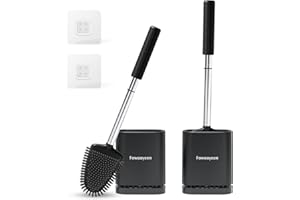 Fowooyeen Escobillas de Baño, Escobilla WC Silicona, Cepillo Toilet Plana con Mango de Inoxidable, Negro Cepillo de Limpieza WC de Pie/Montado en la Pared, con Secado Rápido, 2 Piezas