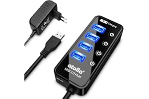 Atolla Hub USB 3.0 alimenté, Hub USB à 4 Ports multiprise avec commutateurs individuels Marche/arrêt - Adaptateur d'alimentation Inclus