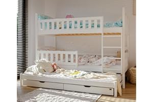 Kids Collective Letto a castello 90 x 200 cm con letto estraibile, due cassetti, rete a doghe, protezione anticaduta, trasformabile in tre letti singoli, in bianco Lettino per bambini