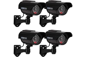 ERWEY Lot de 4 Fausse Caméra de Surveillance Extérieur Intérieur, Caméra Factice Solaire avec LED Rouge Clignotante, Montage Mural (Noir)