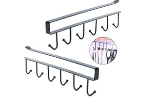 SEULLY 2 Pieces Cabinet Door Seamless Hook,Multi-Function 6 Hooks/Kitchen Utensil Rack for Hanging/Hangers Row Hook Rack,Under Shelf Storage Cup Holder,Home Storage Hooks(Black)