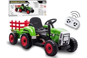 Teorema Giocattoli Trattore Elettrico per Bambini 12V con Radiocomando Parentale, Luci Suoni MP3 USB, Mezzo Cavalcabile Max 30kg, Trattore Giocattolo Robusto con Rimorchio, Guida Avanti e Indietro