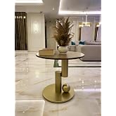 Modern Minimalist Yuvarlak Sehpa, Doğal Ahşap Tabla ve Metal Taban, Altın Rengi, Oturma Odası ve Koridor i&ccedil;in