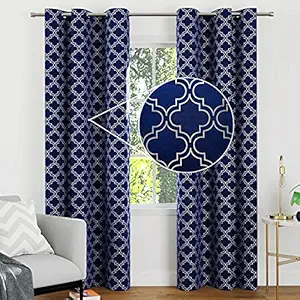 Encasa Homes Room Darkening Blackout Curtains 2 Panels Silver Foil Printed Plain Colours for Kids Bedroom, Living Room with Grommet, 85% Light Blocking, Sound & Heat Reducing, 7 ft -Trellis Navy