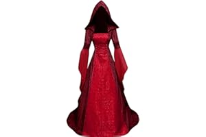 Sangdut Women's Halloween Retro Medieval Witch Dress with Flare Sleeves, Victorian Renaissance Hooded Gothic Long Dress Halloween Party Cosplay Costumes Outfit