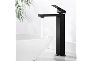 Robinet Salle Bain Noir, BOOXELY Mitigeur Lavabo Haut, Mitigeur Monocommande Salle de Bain eau Chaude et Froide, Moderne Robinetterie Vasque à Poser, Avec Tuyaux d'eau Froide et Chaude