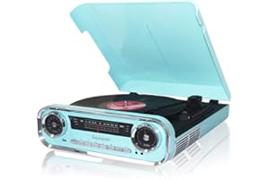 Lauson 01TT18 Tocadiscos Diseño Vintage Coche de Colección con 2 Altavoces Estéreo Integrado de 3 W | Tocadisco Vinilo con Radio FM, Función Bluetooth, USB, AUX | 3 Velocidades (33, 45, 78) (Azul)