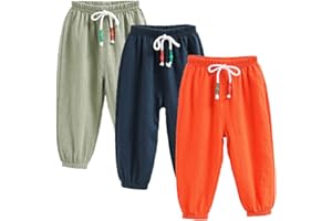 FAIRYRAIN 3 Pack of Kinder Mädchen Jungen Sommer Baumwoll Drucken Leinenhose Pumphose Elastische Lässige Anti-Moskito Jogginghose Lässige Pants Hose