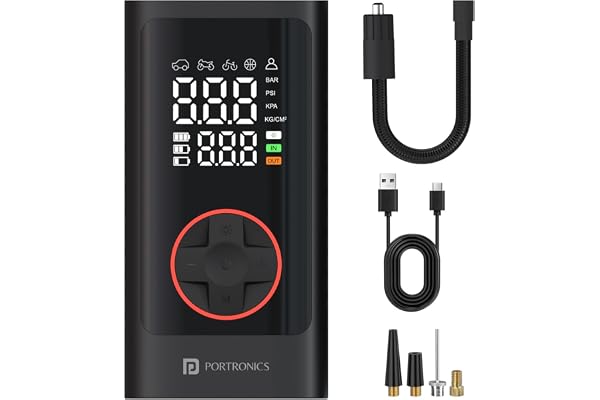 Portronics Vayu 7.0 Tyre Inflator, Full-Size Digital Display, 4000 mAh Battery, 150 PSI Pressure, Preset Modes, Flashlight with SOS, Pressure Detection, for Cars, Bikes, Bicycles & Balls(Black)