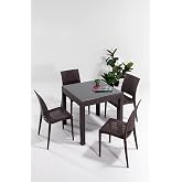 MOBETTO Rattan Small Camlı Kahve Masa Takımı Bah&ccedil;e&amp;balkon 1 Camlı Masa + 4 Sandalye