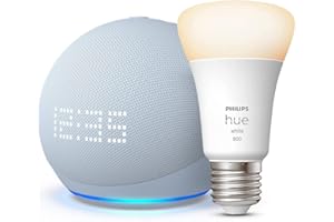 AMAZON Echo Dot (5.ª generación, modelo de 2022) con reloj, Gris azulado + Philips Hue White Bombilla Inteligente (E27), compatible con Alexa - Kit de inicio de Hogar digital