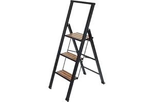 WENKO Escabeau 3 marches, escabeau pliable aluminium design, 44 x 127 x 5.5 cm, Bois bambou, noir