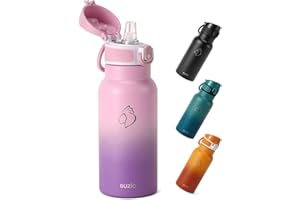 BUZIO Insulated Water Bottle 500ml - Stainless Steel Water Bottle with Straw for School - BPA Free - 100% Leak Poof -Lockable POPUP Lid - Toddler Water Bottle 500ml - Purple