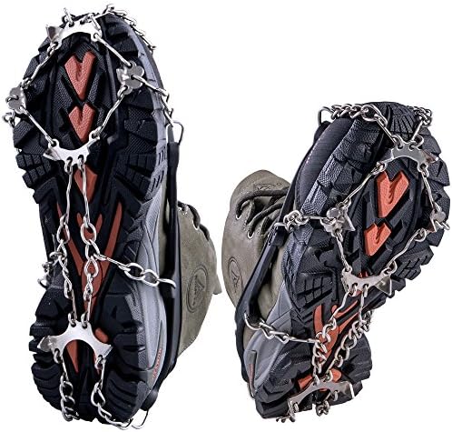 WEYN Ice Crampons for Boots and Shoes, Anti-slip Traction Cleats Ice Snow Grip for Shoes, 8/19 Teeth Stainless Steel Snow Crampons for Hiking Climbing Walking, Black/Orange Snow Cleats, M/L