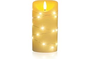 LED Universum Vela LED Cynthia de 15 cm, vela de cera real envuelta con una cadena de luces LED, color crema, luz blanca cálida, temporizador de 5 h, funciona con pilas: 2 pilas AA (no incluidas)