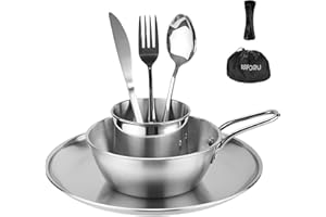 Camping Besteck Set, ISFORU Edelstahl Geschirr Messetui inklusive Teller, Tasse, Schüssel, Besteck mit Netzbeutel, Geschirr-Utensilien-Set für Outdoor-Camping, Wandern und Picknick