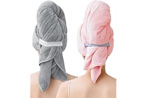 BellaGesundheit 2 Stück Mikrofaser Haarturban mit Elastischem Band – 100x60 cm, Schnell trocknend & Super Saugfähig für Langes Dickes Lockiges Haar (Grau&Rosa)