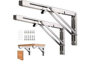 WMMADAY Składane wsporniki półki, wytrzymały, składany wspornik półki ze stali nierdzewnej do samodzielnego montażu, maksymalne obciążenie: 68 kg, jako stół roboczy, oszczędność miejsca, 2 sztuki (25 cm, stal nierdzewna)