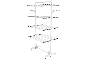 Todeco - Etendoir à Linge, Etendage à Linge - Matériau: Tubes en Acier Inoxydable - Charge maximale: 3 kg par Barre de Support - 4 étagères, Noir/Blanc, avec Ailes et Barre supérieure