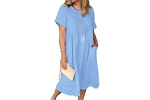 TINCINI Letnia sukienka damska, lniana, na co dzień, dekolt w serek, sukienka midi, krótki rękaw, trapezowa, sukienka plażowa, bez akcesoriów