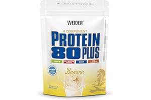 ‎WEIDER Weider Protein 80 Plus 500 g – Mieszanka Białek z Kazeiną, Izolatem Mleka i Białkiem Jaj, Bez Tłuszczu i Cukru, Smak Bananowy