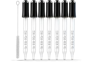 ANGYANG Eye Dropper Set for Essential Oils,7Pcs Pipettes Dropper with Black Rubber Head, Calibrated Thick Glass Medicine Dropping Pipettes, 1ml Dropper Measurer, Dropper for Liquid, Straight-Tip