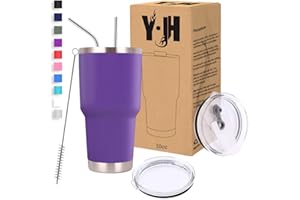 YJH Y·JH 30oz (850ml) Taza Termo Cafe Para Llevar - Vaso Con Pajita - Taza Térmica de Acero Inoxidable Reusable - 2 Tapas a Prueba de Salpicaduras Pajitas - Morado