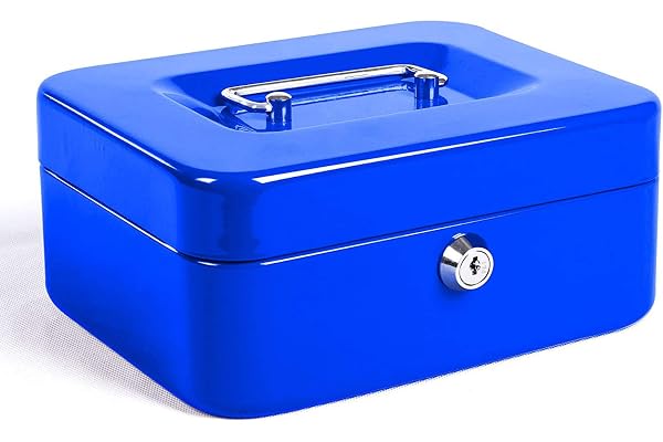 Caisse avec Serrure à clé, Tirelire portative en métal à Double Couche et 2 clés pour la sécurité 20 * 16 * 9cm (XL, Bleu)