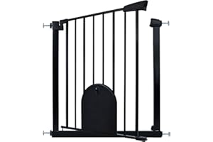 Aufun Treppenschutzgitter Türschutzgitter Kinder ohne Bohren, für 75-85 cm breit, Türgitter mit Druckbefestigung, selbstschließend, Metall Gitter, Hundesicherheitsgitter mit Katzenklappe (Schwarz)