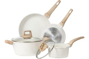 CAROTE Pots and Pans Set, Cookware Set 6-Piece, Non Stick Induction Hob Pan Set with Frying Pan, Saucepan, Stockpot, White (Ice 6pcs Set)