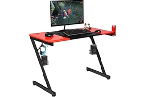 COSTWAY Mesa de Gaming en Forma de Z, 120×60×77cm, Mesa de Juego Mesa para Computadora con Soporte para Altavoz y Gancho para Auriculares para Hogar Oficina
