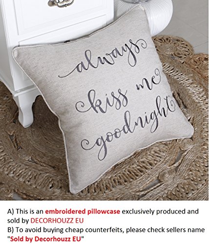 DecorHouzz EU Always kiss me goodnight Pillowcase Cushion cover Appliqued Pillow Cover Standard Decorative Throw Pillowcase Couple Pillowcase Wedding Anniversary Gift (45CMX45CM, Linen)