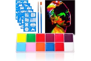URAQT Zestaw Do Malowania Twarzy , 12 KoloróW Neon Ultraviolet Glow Paleta Do Malowania Twarzy Z 2 PęDzlami 40 SzablonóW, Malowanie CiałA Bezpieczna Farba Do MakijażU Na Bazie Oleju Dla DorosłYch Impreza Dla Dzieci Karnawał